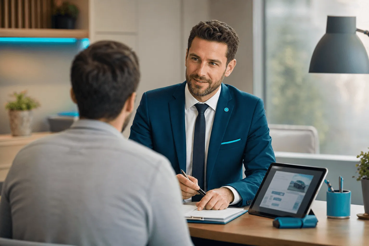 Insurance agent in dark teal suit consulting client in modern, tidy office environment