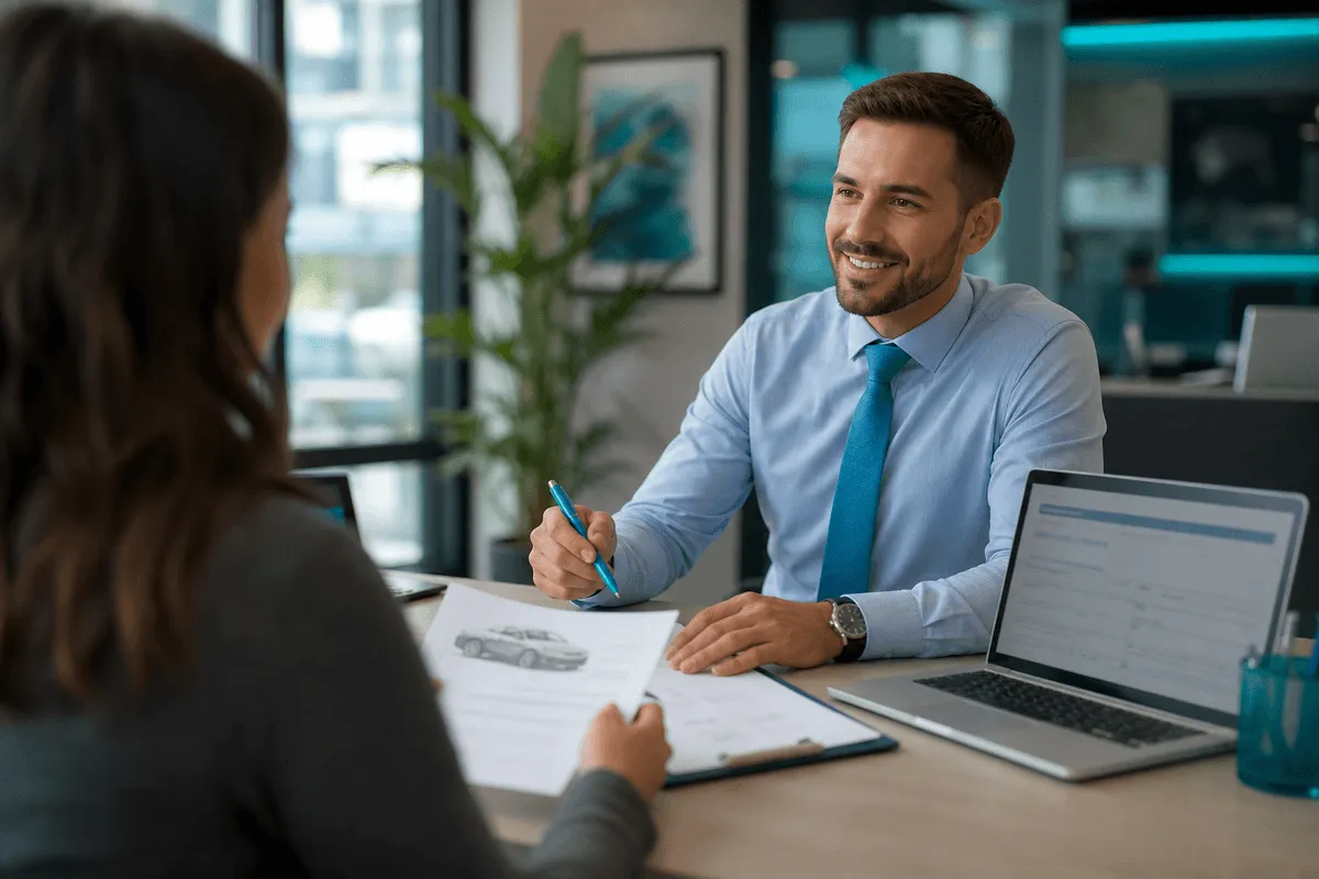 Insurance agent and client discussing auto insurance documents in clean office setting